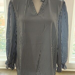 Avanova Women Striped Print Ruffle V Neck Top 3/4 Long Sleeves Sz L